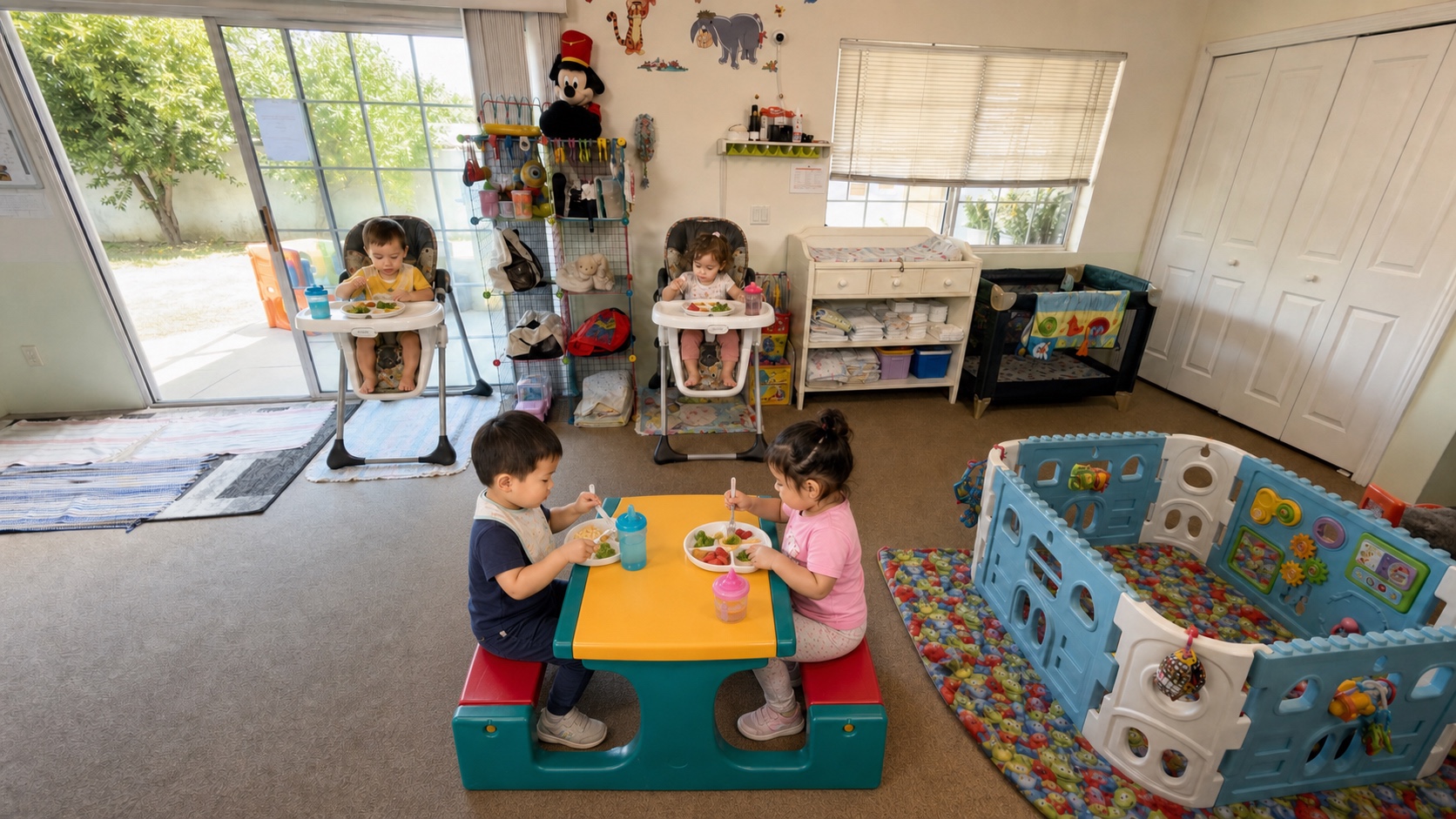 Representative children eating healthy food at the daycare highchairs and child-size table.