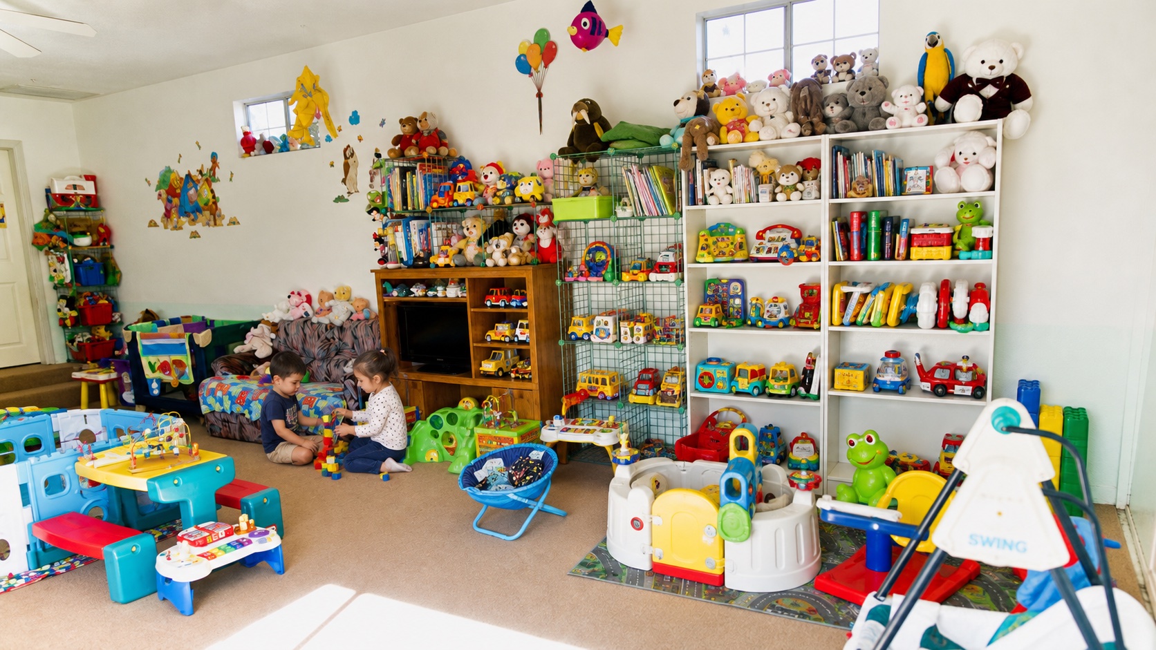 Representative children sharing toys in the actual daycare playroom.