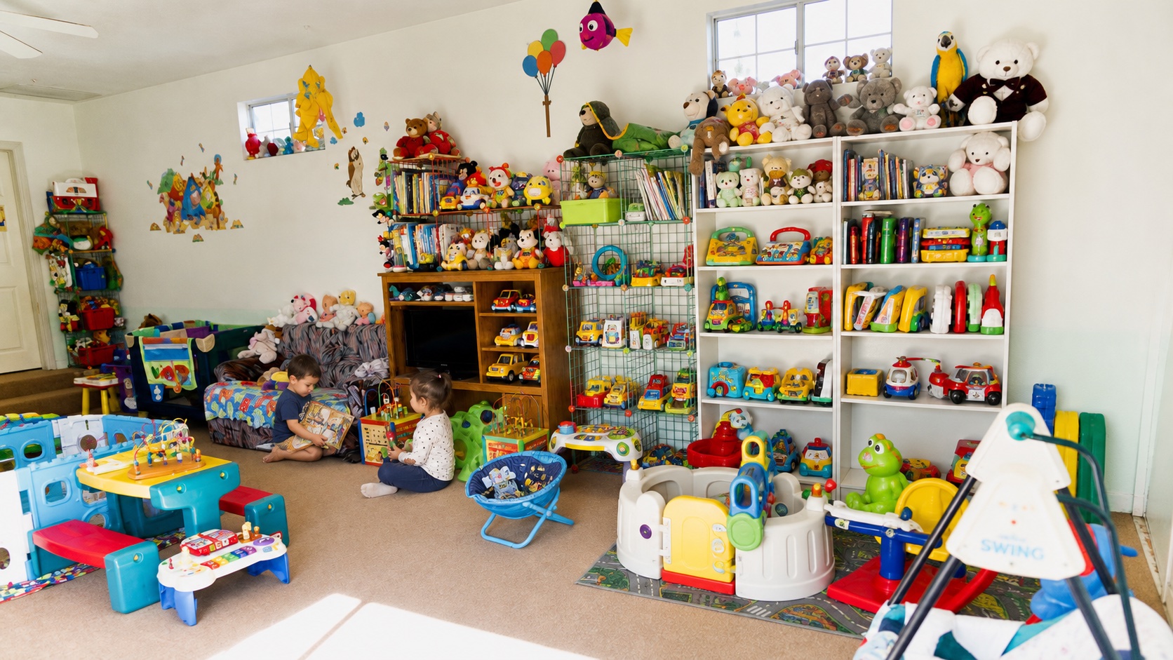 Actual indoor daycare room with representative children near the toy and book shelves.